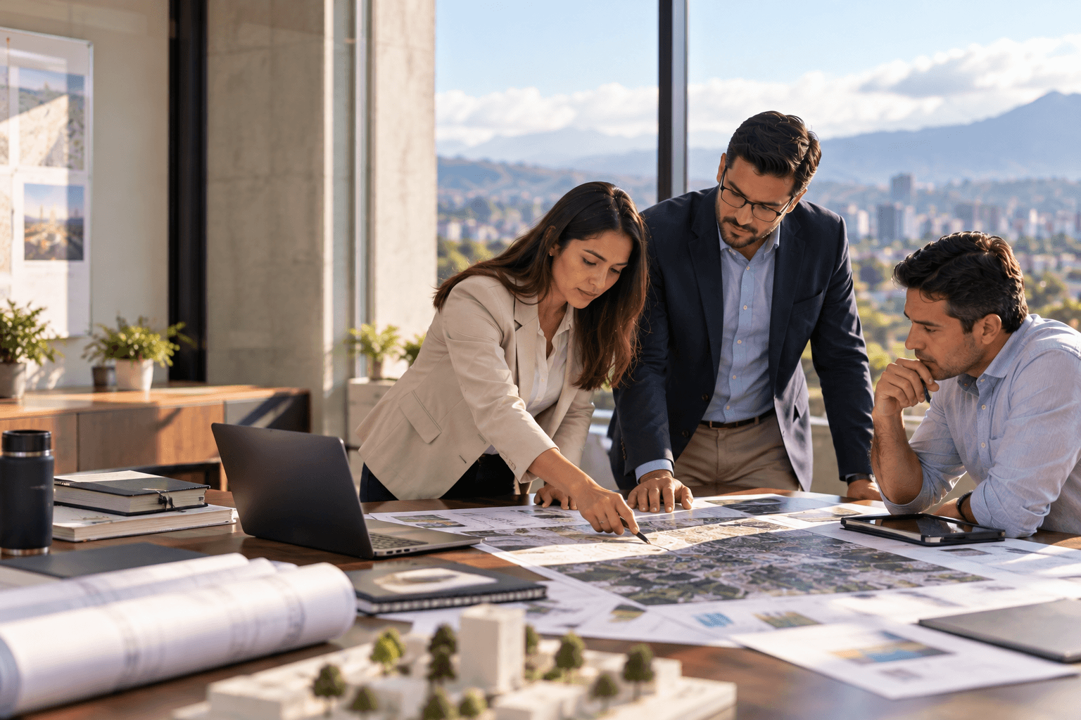 Equipo multidisciplinario revisando planos de desarrollo urbano junto a una obra de infraestructura, estudiantes de la maestría en ingeniería para el desarrollo municipal de Ingeniería USAC