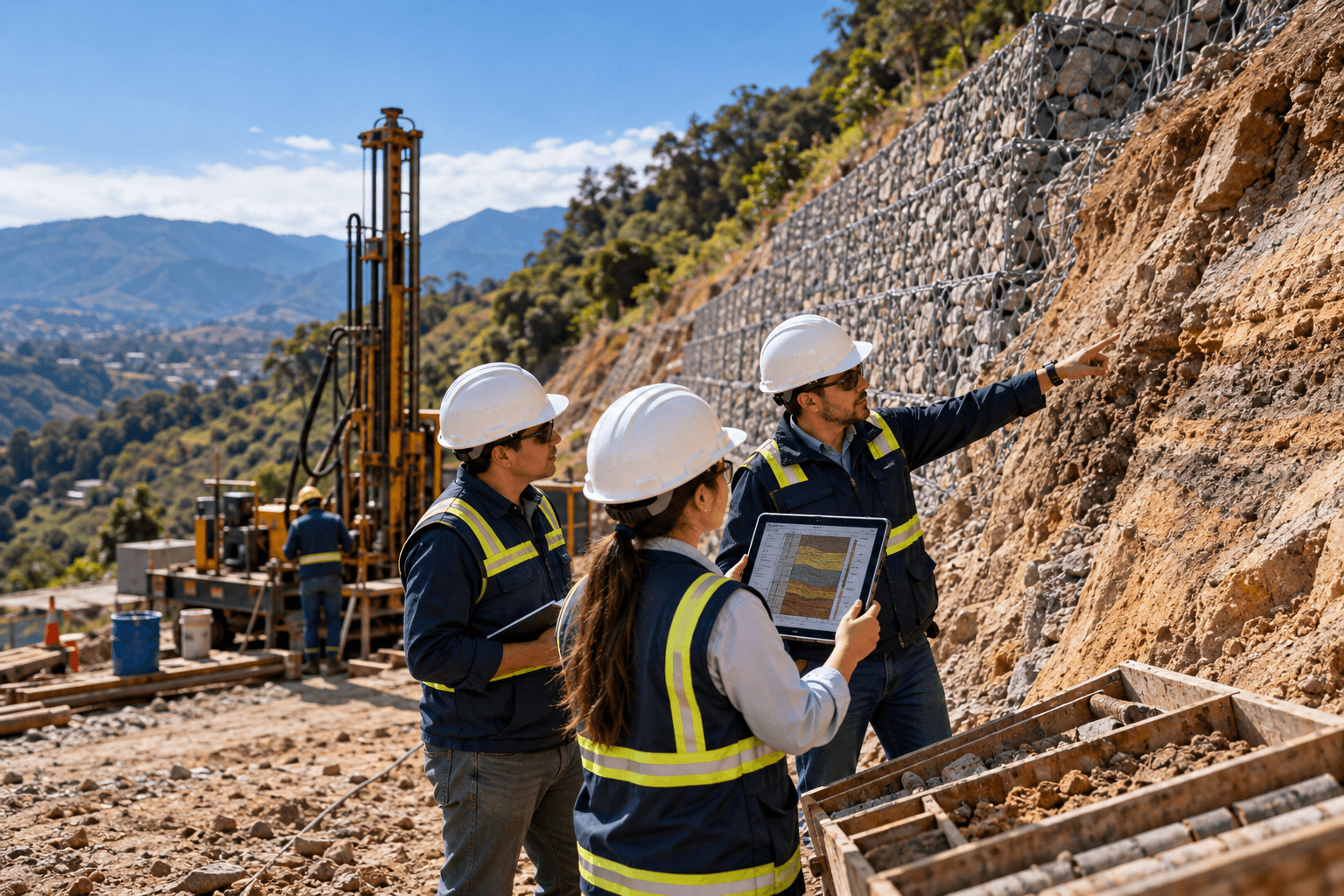 Profesionales con casco inspeccionando un muro de gaviones en trabajo de campo de la maestría en ingeniería geotécnica de Ingeniería USAC