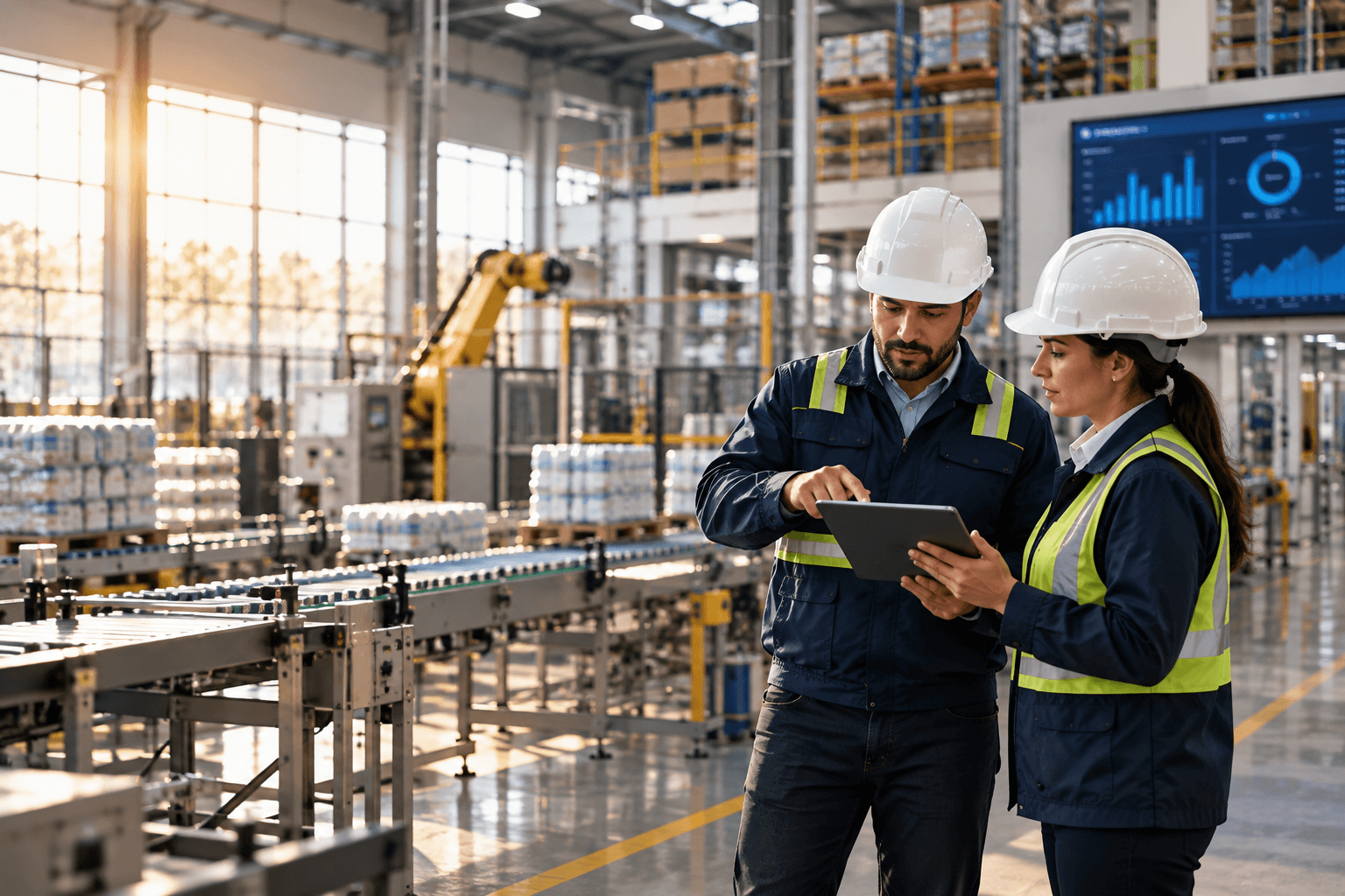 Gerente y supervisor revisando resultados de producción en una planta industrial, estudiantes de la maestría en gestión industrial de Ingeniería USAC