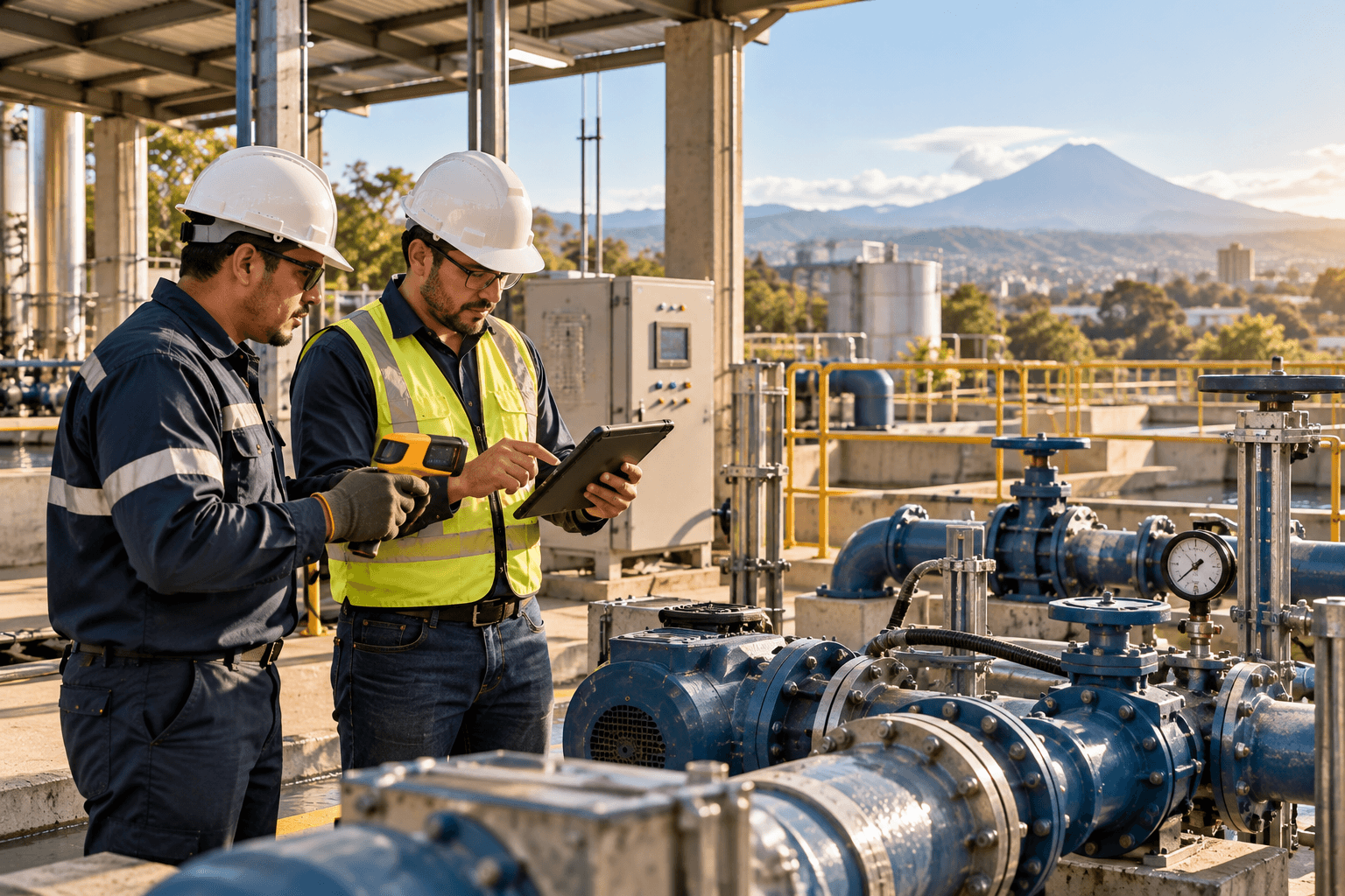 Ingeniero de mantenimiento inspeccionando un motor y tuberías en una planta industrial, estudiante de la maestría en ingeniería de mantenimiento de Ingeniería USAC