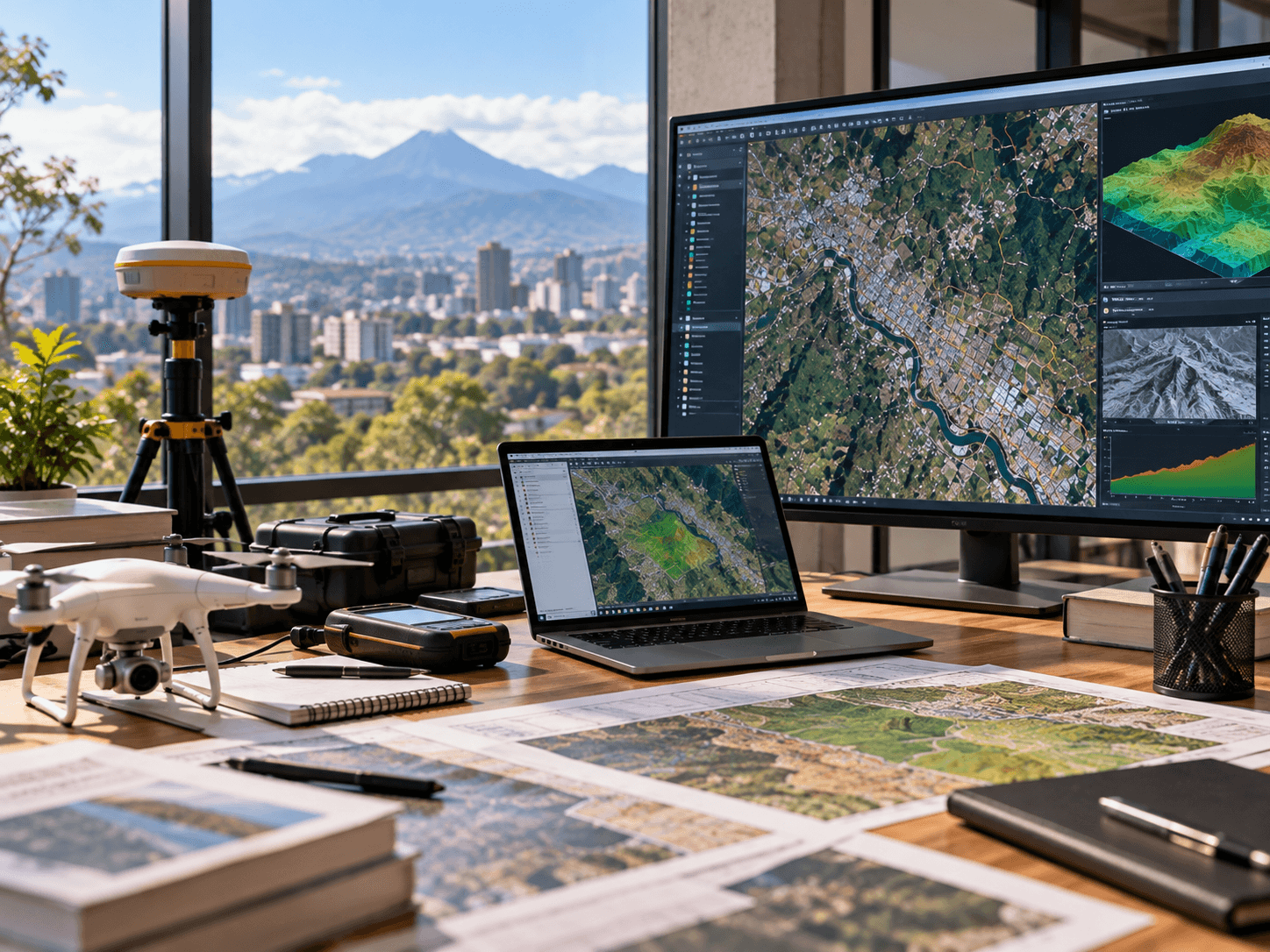 Gerente de proyectos SIG liderando una reunión frente a un mapa satelital, egresada de la maestría en geomática