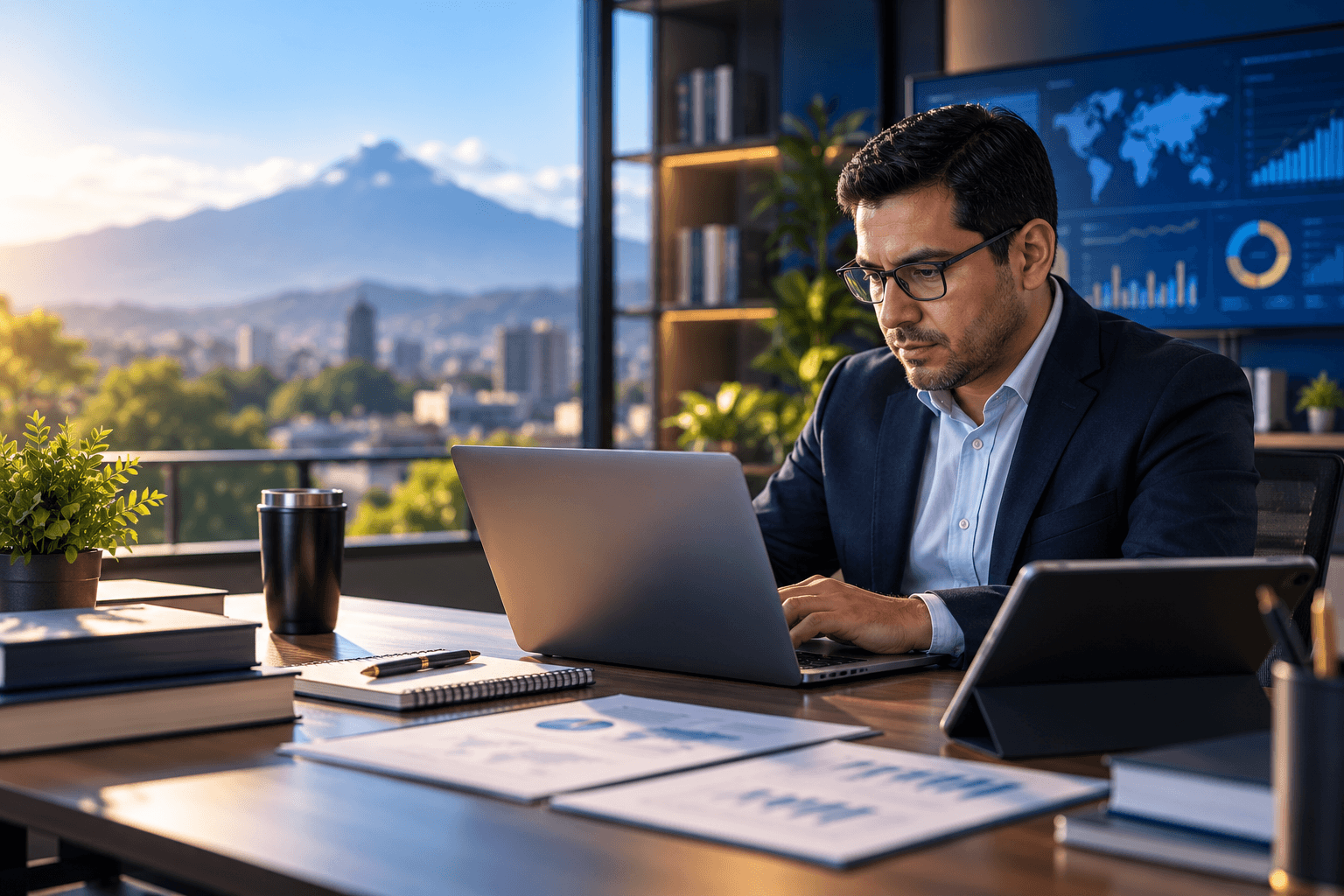 Profesional en un programa de especialización de Ingeniería USAC trabajando en su computadora